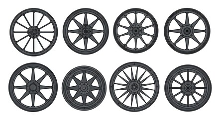Collection of Eight Pixelated Wagon Wheels in Varying Designs on White Background