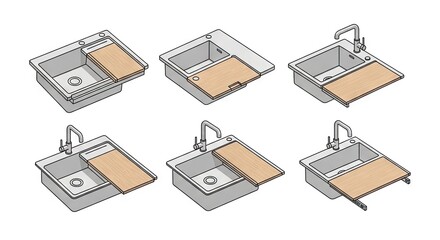 Isometric Kitchen Sink And Cutting Board Set Against White Background For Conceptual Design