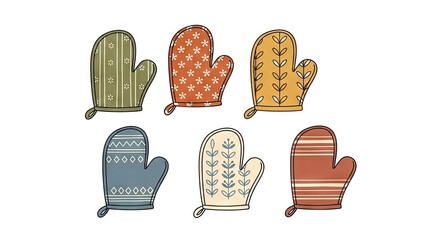 Illustrated Kitchen Mitts In Various Colors On White Background
