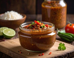 Close Up of Chili Sauce in Glass Jar with Rice and Ingredients on Wooden Surface