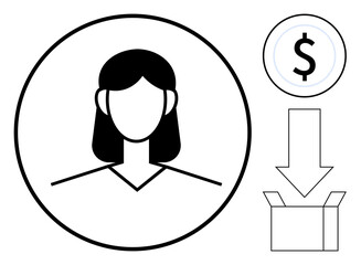 Female profile icon, dollar currency in a circle, downward arrow, and delivery box. Ideal for e-commerce, payment, transactions, user activity, shipping financial exchange simple flat metaphor