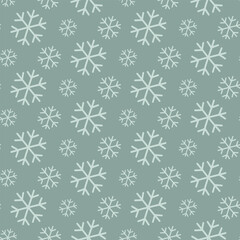 Seamless snowflakes pattern on green background. Cartoon Vector winter cold hand drawn print. 