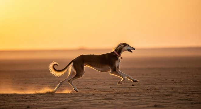 Saluki dog running on sand in desert at sunset. Hunting hound in action. Active hunting dog for sporting events. - Powered by Adobe