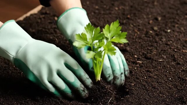 Hands in Green Gloves Planting Young Celery Plant in Dark Rich Soil Under Bright Natural Light Gardening Agricultural Concept Adobe Stock Photo