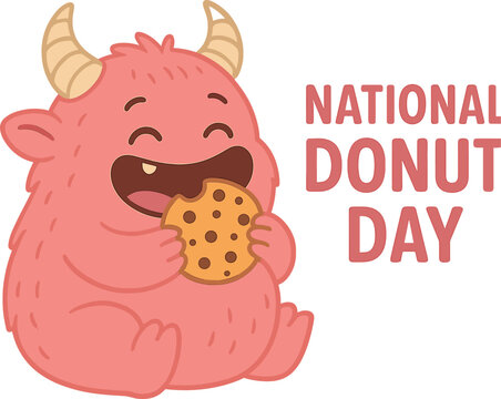 Banner featuring a playful baby monster munching a cookie, a cute pink chubby character enjoying a sweet treat, for National Donut Day or Fat Thursday, suitable as a header for covers, menus