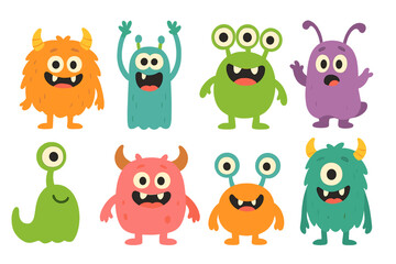 A set of vibrant and humorous monster characters, each boasting distinct expressions and traits, ideal for children's illustrations