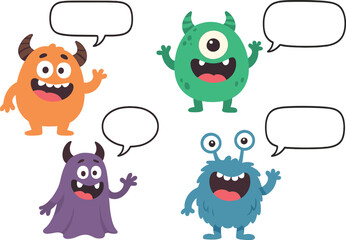 Fototapeta premium A collection of humorous cartoon monsters featuring speech bubbles, set against a white background with Halloween-themed characters