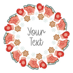 Round winter wreath with red mittens, pink ice skates, and cookies. Vector isolated illustration on white background.