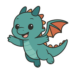 Adorable cartoon baby dragon soaring against a white backdrop