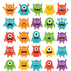 Fototapeta premium A large monster icon collection featuring a cheerful Halloween theme, a playful colorful silhouette, a cute kawaii baby cartoon character with eyes, horns, teeth, fangs, and tongue, hands raised and