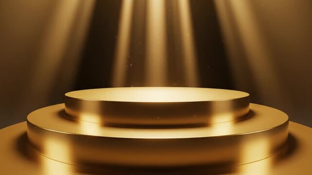 Podium dourado redondo de tr&ecirc;s n&iacute;veis em sala preta, iluminado por raios de luz do topo, est&eacute;tico e luxuoso
