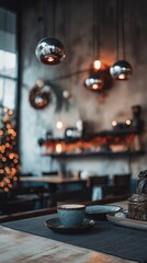 Fototapeta premium Cup of coffee on a rustic wooden table in a cafe for phone wallpaper