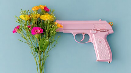 Pink gun is placed on top of a bunch of flowers. The image has a playful and lighthearted mood