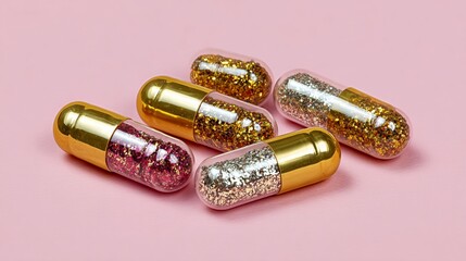 Group of pills with gold and pink glitter on them. The pills are in a row and are all different colors