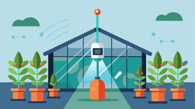 A greenhouse equipped with technology for automated fertilization using sensors to measure the exact nutrient levels of soil and adjust fertilizer accordingly.. Vector illustration