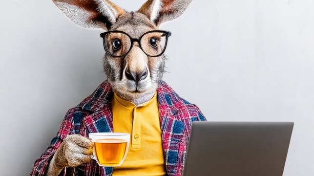 Cartoon rabbit wearing glasses and a yellow shirt is holding a cup of tea. The rabbit is sitting in front of a laptop computer