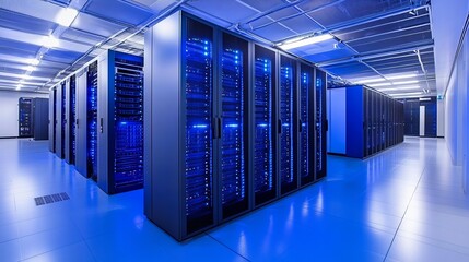 Vast server room with glowing blue lights and rows of computer racks creating a modern data center environment for technology and innovation.