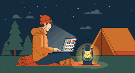 Flat vector illustration Digital nomad freelancer embracing remote online work from anywhere