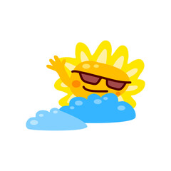 Cheerful Cartoon Sun Wearing Sunglasses Peeking Over Clouds in Bright Sunny Day Illustration