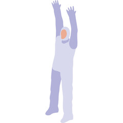 Isolated Full Body Shot of a Person in a Light Purple Hooded Jumpsuit With Arms Raised in Celebration Against a Clean White Background
