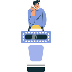 Illustration of a young man in a blue sweatshirt standing at a podium with a buzzer and a light-up display on a transparent background symbolizing a game show or quiz competition concept