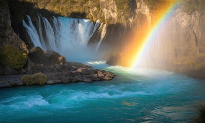 Majestic waterfall cascading into turquoise water, vibrant rainbow arches over the scene