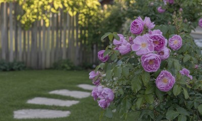 Obraz premium Pink roses bloom near a weathered wooden fence in a garden