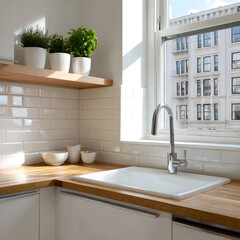 Modern Kitchen Sink with White Ceramic Basin and Wooden Countertop near Plants