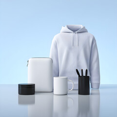 Mockup Scene with White Hoodie, Mug, and Stationery Items for Branding Presentations