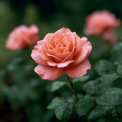 Soft Focus Pink Rose Blossom with Raindrops on Petals and Leaves in a Garden Setting