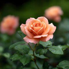 Blooming Peach Rose Close-Up Dew Drops on Petals in Garden Setting for Serene Visual Appeal
