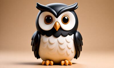 Fototapeta premium Friendly Cartoon Owl Character in Black and White, 3D Render on Beige Studio Background