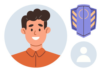Portrait of smiling man in orange shirt, a shield symbolizing security and trust, and generic user icon. Ideal for identity, profile, protection, cybersecurity, trust, user roles customer support