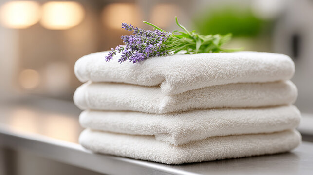 Industrial laundry room close-up of folded white towels with lavender for spa decor