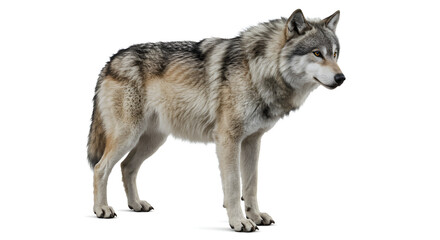 A gray wolf standing and howling on a white background, showing thick fur and a strong wild expression.