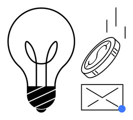 Light bulb, coin, and letter icon symbolizing creativity, finance, and communication. Ideal for entrepreneurship, innovation, business, investment email marketing strategy simple flat metaphor