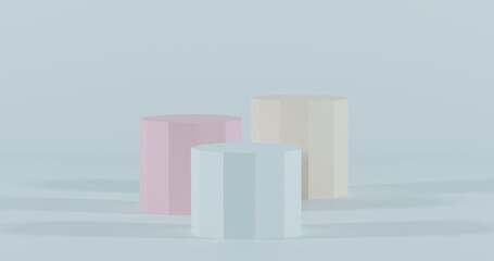 Minimalist 3D geometric podiums in pastel pink, blue, and beige on soft blue — clean, modern stage ideal for product mockups or abstract design concepts.