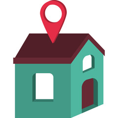 Illustration of a Teal and Burgundy House with a Red Map Pin on its Roof on a Transparent Background