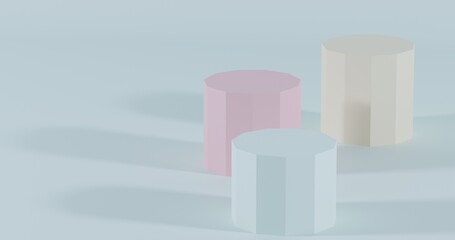 Minimalist 3D geometric podiums in pastel pink, blue, and beige on soft blue — clean, modern stage ideal for product mockups or abstract design concepts.