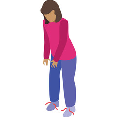 Illustration Of A Woman In A Pink Long Sleeve Shirt And Blue Pants With Red Shoelaces Tied Together, Standing On A Transparent Background