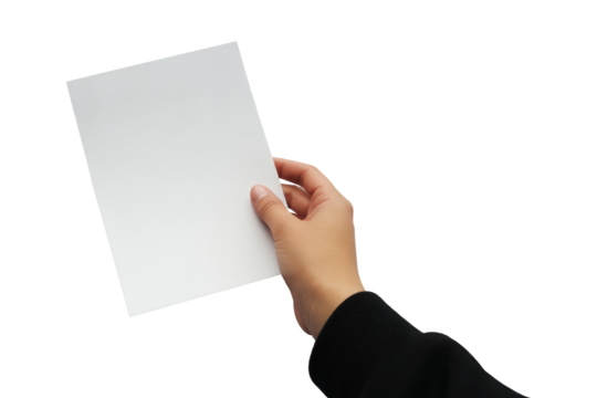 Confident hand presenting blank white paper for message or information design, ready for your creative input