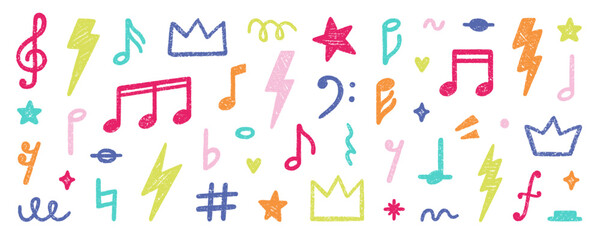 Crayon musical notes doodle set. Punk rock chalk pencil elements in sketch style. Grunge texture. Hand drawn vector illustration isolated on white background.