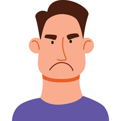 Illustration Of A Man With Brown Hair And Angry Expression Wearing A Purple T Shirt On Transparent Background