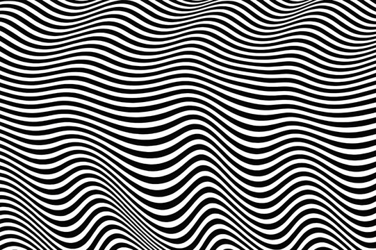 Black and white optical illusion background with flowing, distorted, and repetitive horizontal sine waves or rippling stripes.