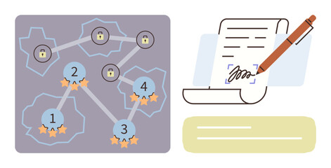 Abstract game map with locked icons and numbered targets with stars beside parchment and signature pen. Ideal for achievement, strategy, agreement, progress, gamification, contracts, simple flat
