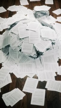 A chaotic scene showcasing scattered documents, papers, and printouts on a wooden floor