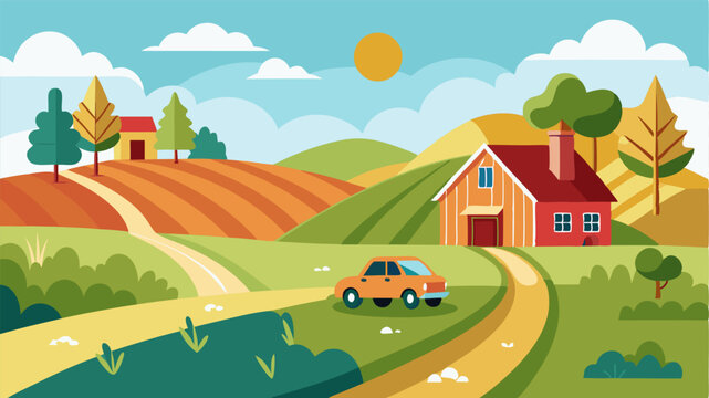 A drive through a quaint countryside with charming farmhouses and rolling fields of crops offering a glimpse into a simpler and more idyllic way of life.