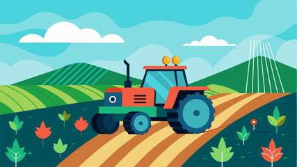 A hightech tractor navigating through a field following a mapped out crop rotation plan suggested by an AI system.. Vector illustration
