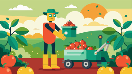 Fototapeta premium A harvesting robot equipped with artificial intelligence efficiently picking and sorting ripe produce.. Vector illustration