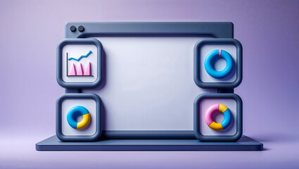 3d illustration of a minimalist data dashboard interface featuring a blank browser window surrounded by chunky, rounded icon panels showing charts, graphs, and donut statistics in a soft, lilac purple